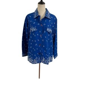 Vtg NWT Quacker Factory Jean Jacket Blue Bandanna Beaded Western Chore Coat Sz L